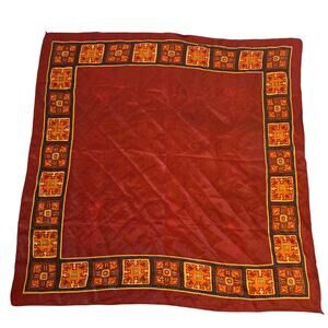 Vintage Acetate Rust Orange‎ Aztec Geometric Border Print Square Scarf